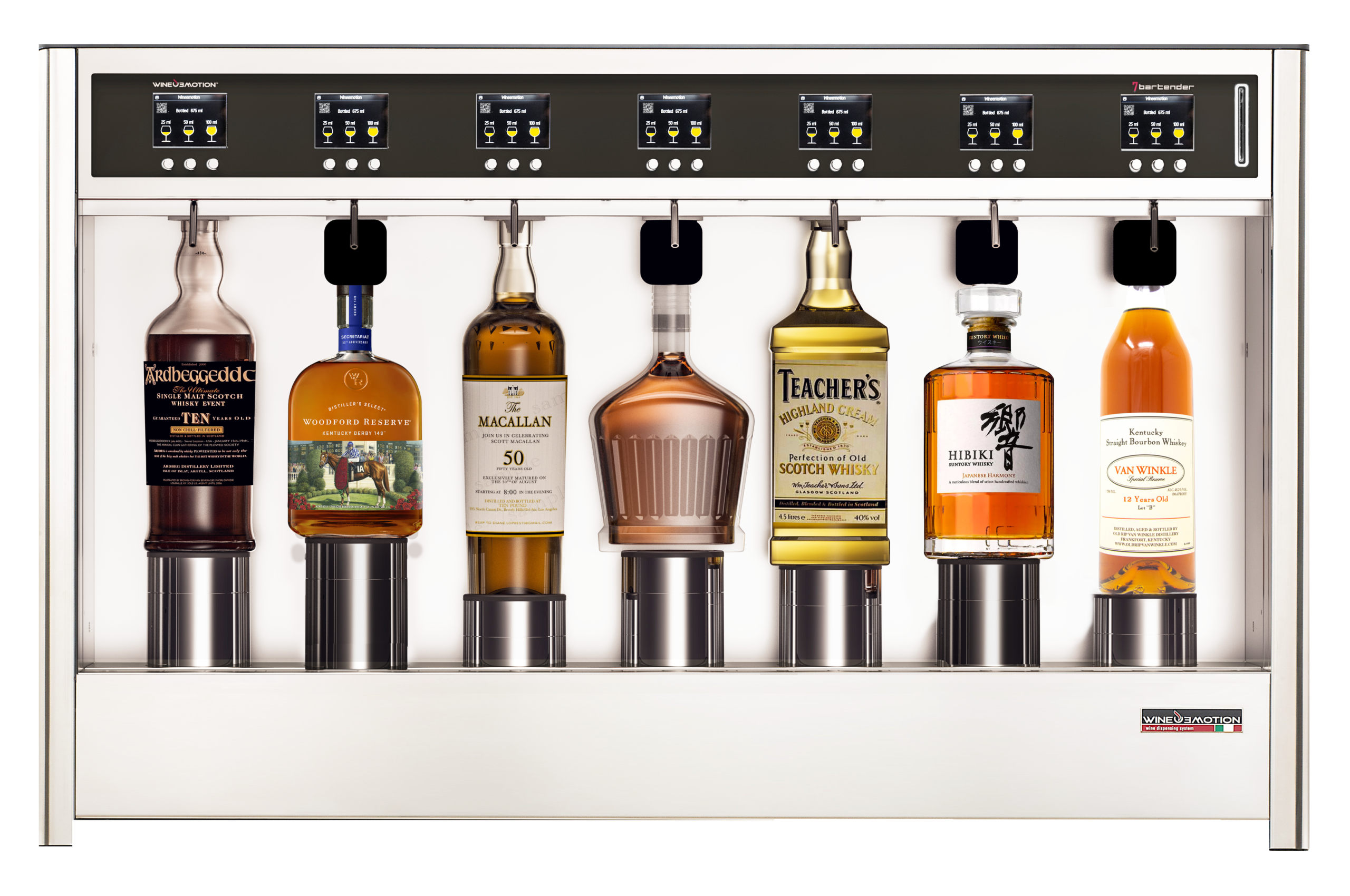 A whiskey dispenser by WineEmotion with 7 liquor bottles